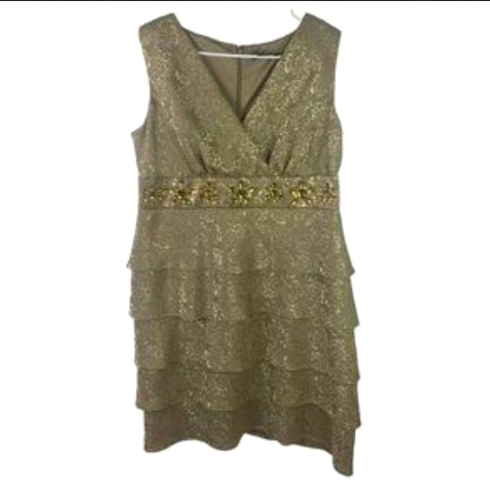 R&M Richards Tiered Embellished Gold evening dress size 12P